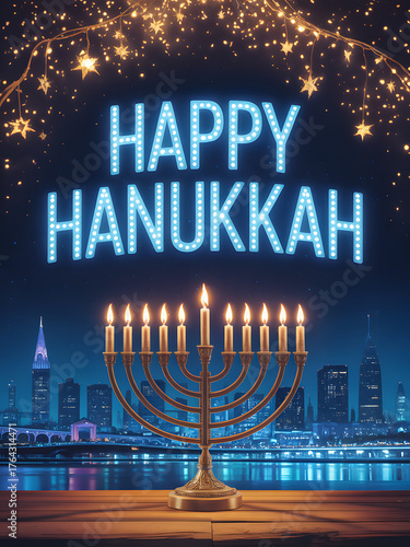 Glowing menorah lights up the night sky with happy hanukkah wishes over a cityscape