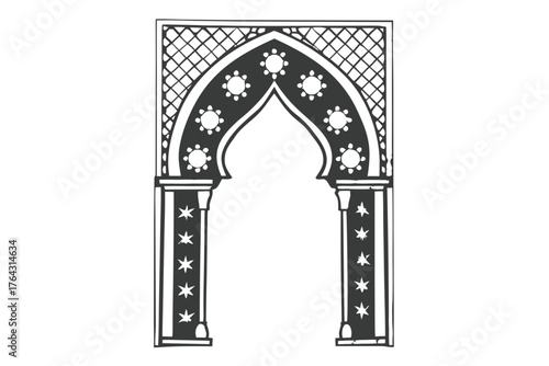 Elegant Moorish Archway Illustration with Ornate Floral and Geometric Design for Architectural Projects