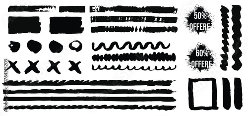 Black set paint, ink brush, brush strokes, brushes, lines, frames, box, grungy. Grungy brushes collection.