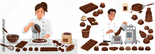 Professional chocolatiers making gourmet artisan chocolates, set with ingredients, tempering tools, and confectionery equipment.