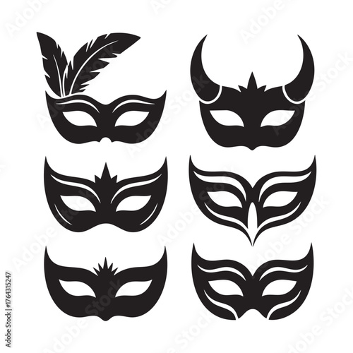 Six black silhouette masquerade masks with decorative elements white background