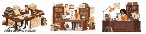 Intensive historical research collection featuring scholars, detectives, and academics working at cluttered desks piled high with old books and artifacts.