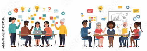 Diverse Team Collaboration Vector Illustration showing Brainstorming, Problem Solving, Idea Generation, and Strategic Business Planning Meeting.