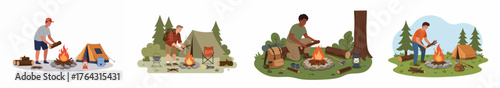 Four flat vector illustrations depicting diverse men building campfires and preparing campsites during a forest camping adventure.
