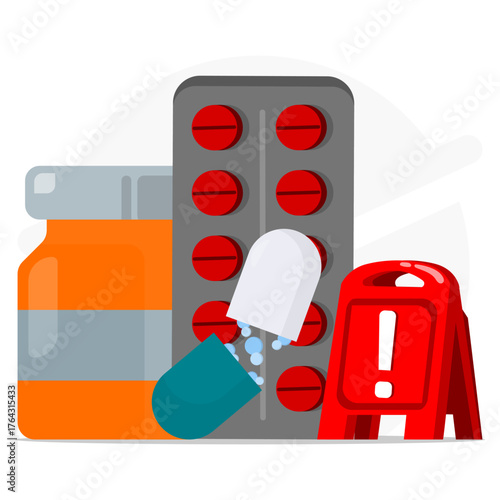 Using medicine warning. Unsafe medication or pharmaceutical misuse.. Depicts danger of drug overdose, fake or abusive pills, and health risks.