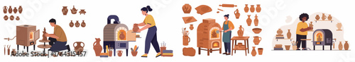 Artisans Firing Handcrafted Ceramic Pottery in Kilns: A Vector Illustration of the Traditional Craft Process.
