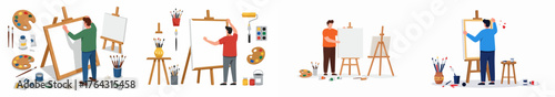 Flat Vector Set of Artists Working on Easels, surrounded by Paint Brushes, Palettes, and Creative Art Studio Supplies.