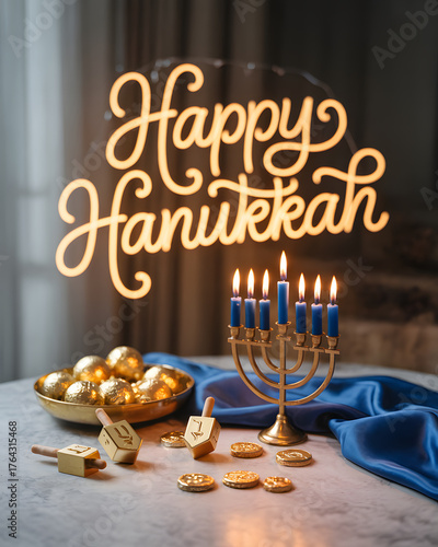 Warm glow of a happy hanukkah celebration with a lit menorah and festive treats