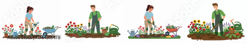 Gardeners working in the soil: collection of illustrations showing people planting flowers, weeding, and using horticulture tools.