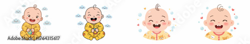 Set of four adorable cartoon baby characters smiling and laughing, illustrating infancy, joy, and early childhood development.