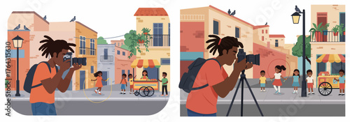 Black photographer filming or photographing diverse children playing jump rope on a vibrant, sunlit, Mediterranean-style urban street.