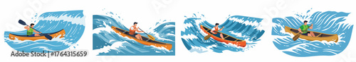 Vector Collection of Men Kayaking and Canoeing Through Turbulent Water and White Water Rapids.