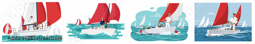 Four vector illustrations of a captain steering a modern sailing yacht with striking red sails through blue, choppy ocean waves.
