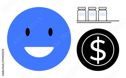 Blue happy face, black dollar coin, and three medical vials emphasize health, financial stability, and affordability. Ideal for healthcare, finance, wellness, economics insurance savings simple