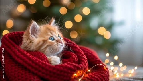 Cute Christmas Kitten Wrapped in Red Knitted Blanket with Fairy Lights
