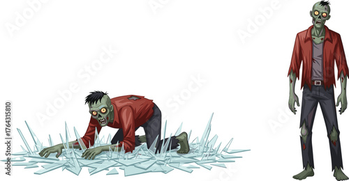 Creepy cartoon zombie crawling through broken glass, scary undead monster illustration, horror Halloween character design, spooky apocalypse walking dead concept