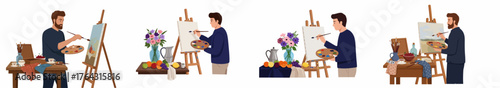 Collection of flat vector illustrations depicting male artists painting still life and landscape compositions on easels in an artistic setting.