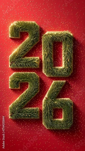 2026  pine-textured numbers on red glitter background, slow moving vertical video.