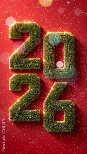 2026  pine-textured numbers on red glitter background, slow moving vertical video.
