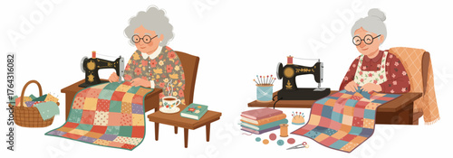 Elderly Women Quilting and Sewing Patchwork Blankets Using Vintage Machines, Depicting Handmade Craft and Cozy Leisure Activities.