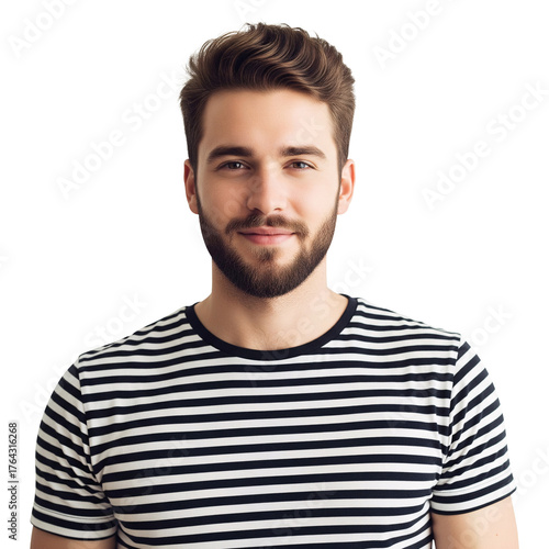 Smiling Young Man in Striped Shirt on Yellow Background