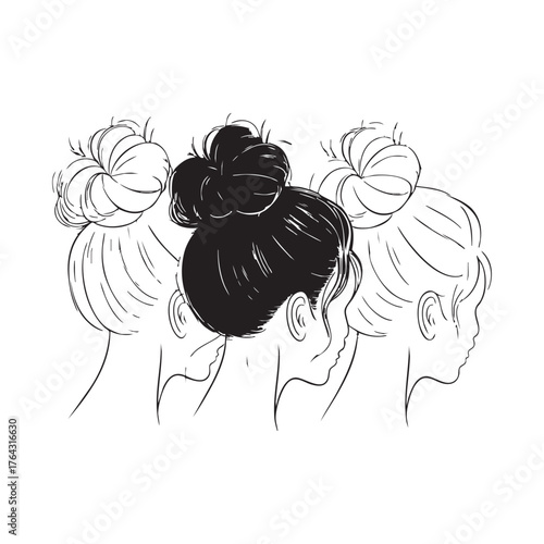Three women profiles with messy buns black and white sketch woman head