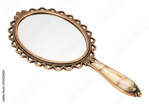Bild auf Leinwand Vintage hand mirror isolated on white, antique bronze vanity mirror with ornate