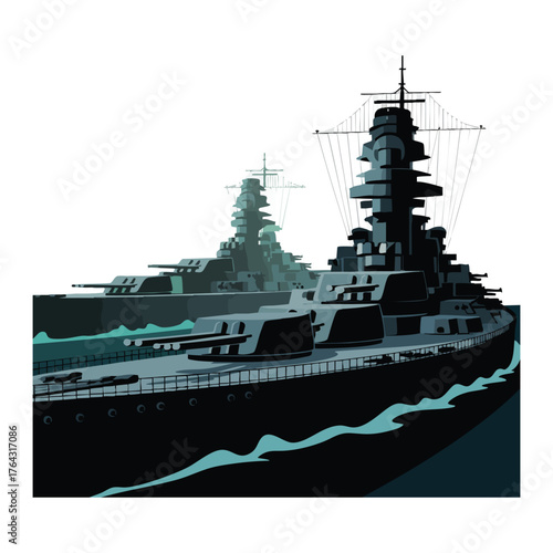 Two dark gray battleships with large guns sailing on dark blue water naval warship