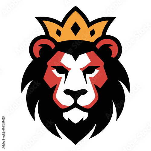 A majestic lion wearing a golden crown, a symbol of royalty and power. The lion's face has a stern and confident expression.