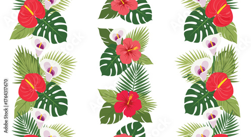 Tropical floral arrangement with vibrant red hibiscus flowers and lush green leaves.