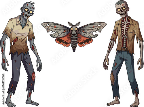 Scary zombie characters and creepy moth illustration, horror fantasy artwork, spooky Halloween creature design, undead monster concept, dark apocalypse art