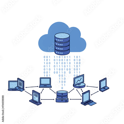 Cloud storage synchronization concept in a flat 2D vector illustration featuring abstract digital devices sending dynamic streams of binary data upward into a stylized server icon.