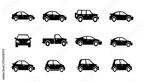Black set of car silhouettes vector icons illustrating various auto vehicles, trucks, vans, and buses for transport and traffic collection.