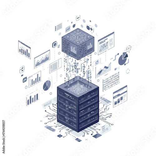 Abstract 2D flat vector visualization of massive big data flows entering a secure central server cube, featuring vibrant floating charts and dynamic binary code symbols.