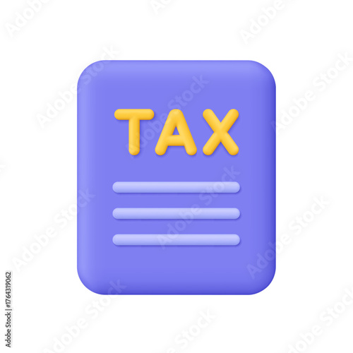 Purple tax document with text lines. Finance, accounting, tax return, payment and business concept. 3d vector icon. Cartoon minimal style.