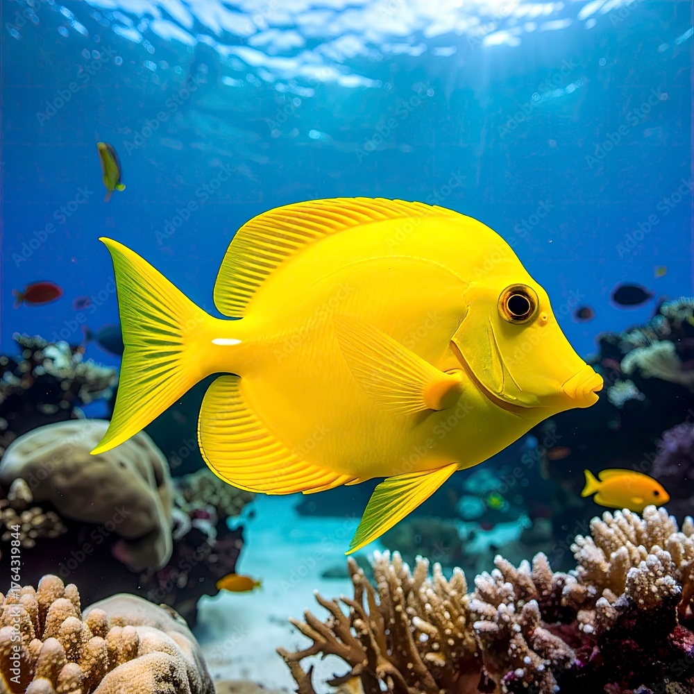 Naklejka premium Yellow Tang in Coral Reef - A Vibrant Underwater Scene.