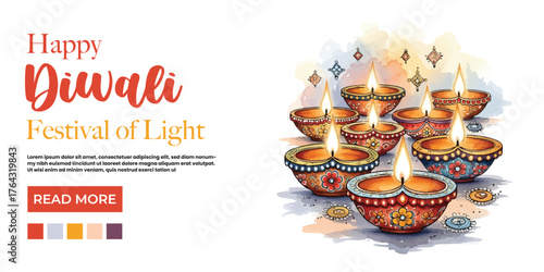 Beautiful watercolor illustration of Diwali diyas with glowing flames and floral patterns. Perfect for greeting cards, invitations, posters, and festive decorations.