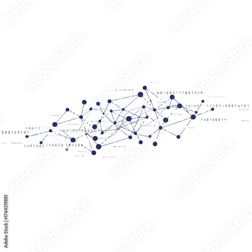 Abstract geometric neural network vector illustration featuring interconnected glowing nodes and pathways actively processing streams of complex binary data, representing advanced machine learning.