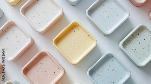 Flat lay arrangement of square pastel snack or storage boxes with a modern speckle or terrazzo design, showcasing soft colors and aesthetic minimalism