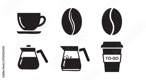 Black and white coffee and teapot icons beverage set illustration