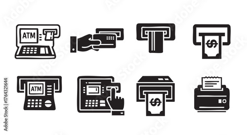 Black and white icons of ATM and financial transaction symbols