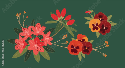 Floral arrangement of vibrant red and orange flowers on green background.