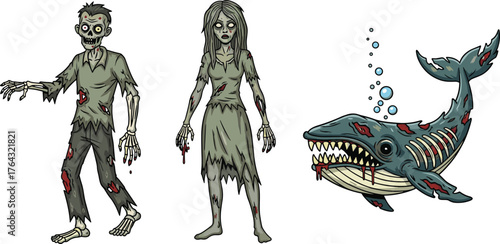 Zombie man and woman standing beside terrifying undead whale, spooky underwater horror illustration, Halloween fantasy artwork with creepy monster design