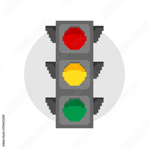 Pixel art of traffic light with red, yellow, and green signal.