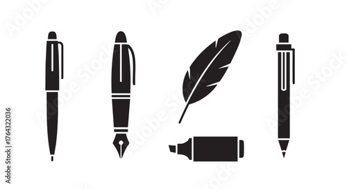 Black and White Pen Silhouette Icon Set on White Background