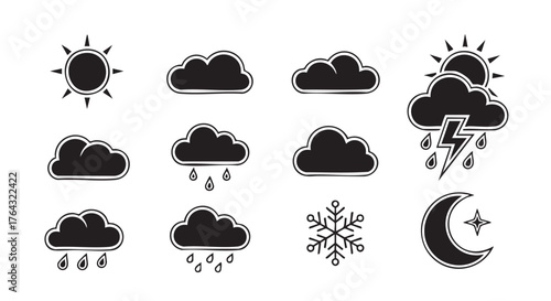 Black and white weather icons featuring sun and rain clouds illustration