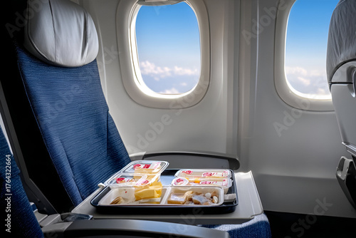 Airplane meal served in flight with scenic sky view from window, showcasing travel comfort and dining experience.