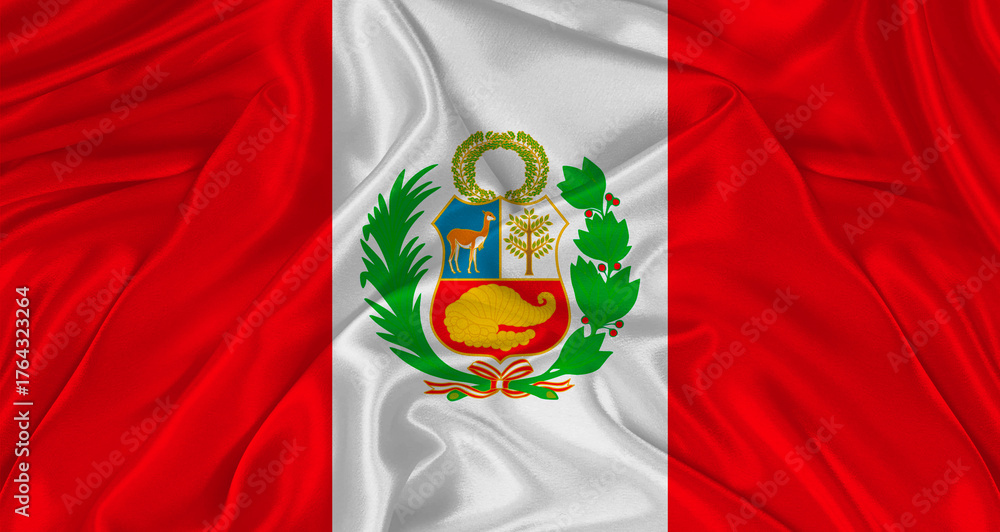 Fototapeta premium Flag of Peru with cloth texture. Close up of Peru flag waving