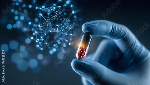 A hand holding a glowing capsule representing breakthrough medical research and innovation in pharmaceutical science.