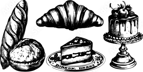 Breads, pastries, and desserts in a classic black and white vector illustration set. This detailed collection showcases exquisite baking items arranged artistically.